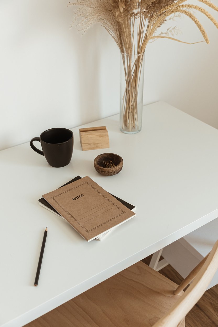 Desk with Notepads, Cup of Coffee and Dried Flowers in Vase 